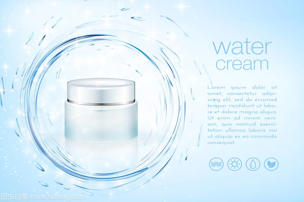 Aqua 奶油美容產(chǎn)品廣告,保濕面部護膚品小樣的圣誕季節(jié)銷售模板。綠松石面具瓶上閃光顆粒與水飛濺孤立。3d 圖